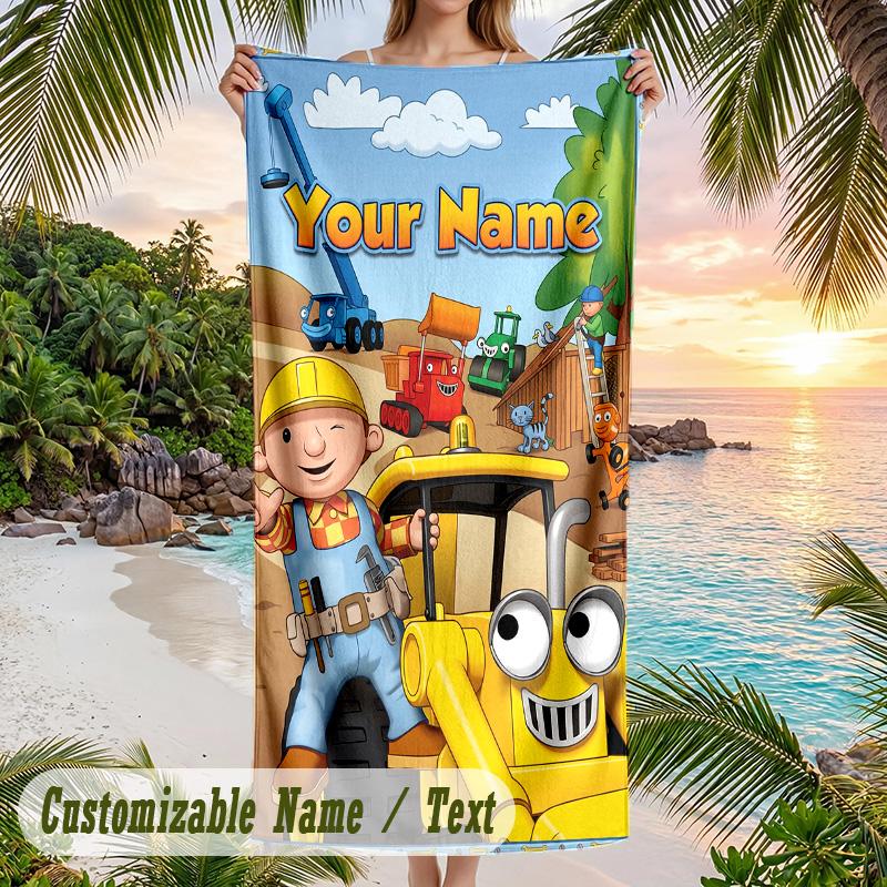 Bob der Baumeister Strandtuch, Personalisiert mit individuellem Text, Schnelltrocknend, Weich, Großes Handtuch für Schwimmbad, Reisen
