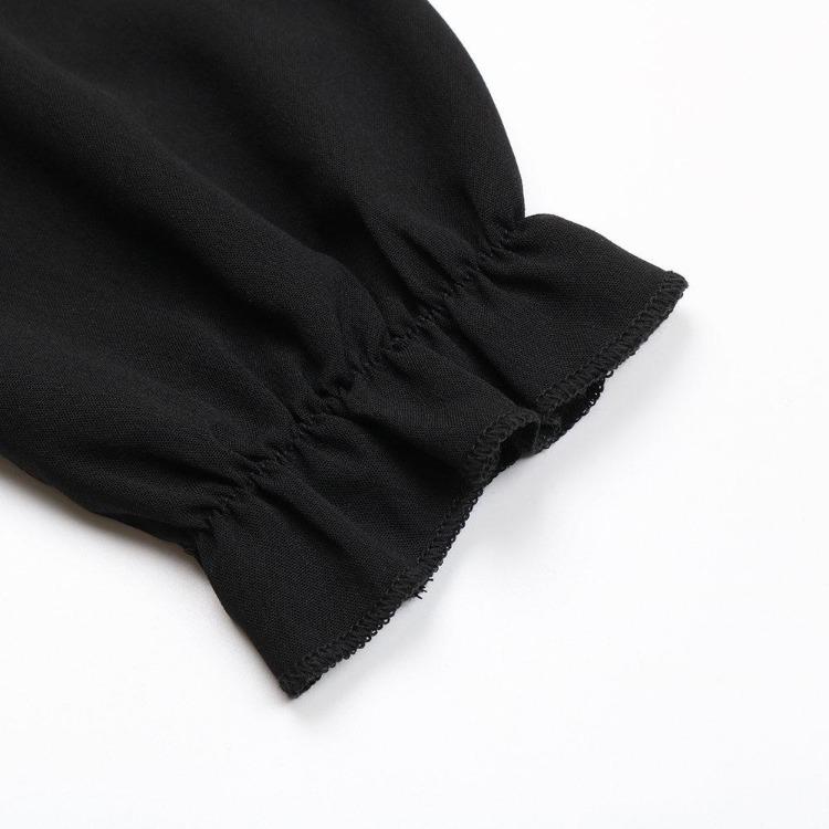 Black High Waist Pleated A Line Dress for Women V Neck Long Sleeve Lace Up Early Autumn Fashion