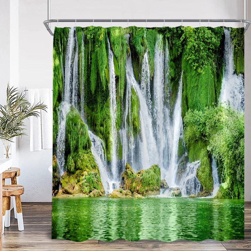 Nature Waterfall Landscape Shower Curtains Forest Lake Crane Lotus Flowers Chinese Style Scenery Home Bathroom Curtain Decor Set