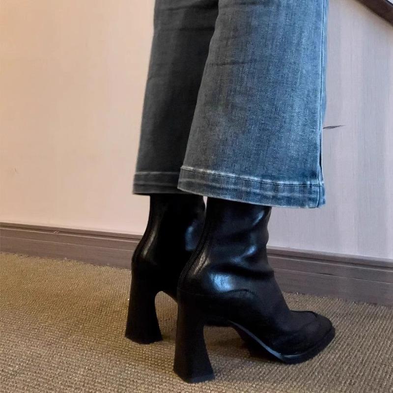 Autumn and winter new retro thin boots high heel thick heel short boots women's small square head elastic boots