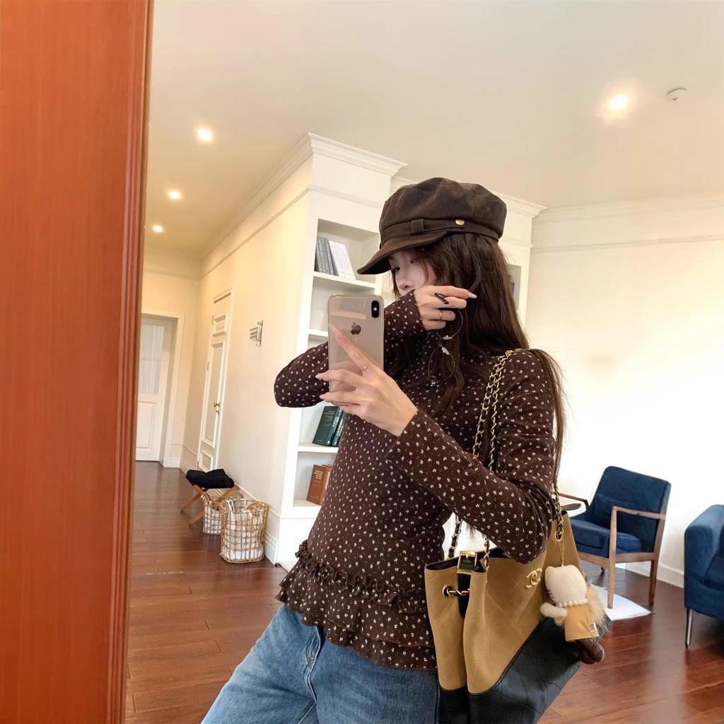 Women's American Style Ruffle Floral Turtleneck Long-Sleeve Slim-Fit Warm Top for Autumn/Winter Layering
