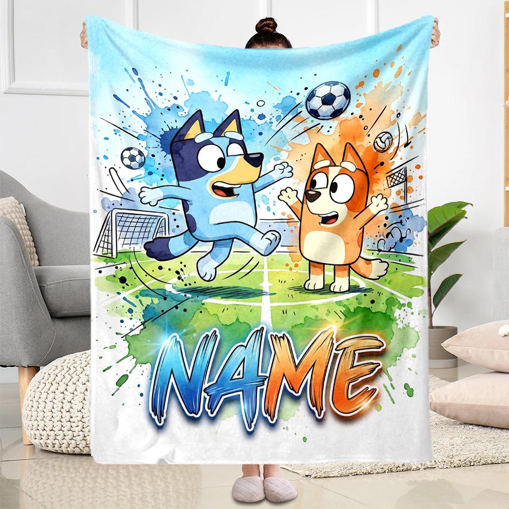 Bluey's Soccer Fun Customize Text Blanket Multi-purpose Personalized Blanket Soft & Cozy Perfect for Livingroom Chair Office Seaside for All Occasions