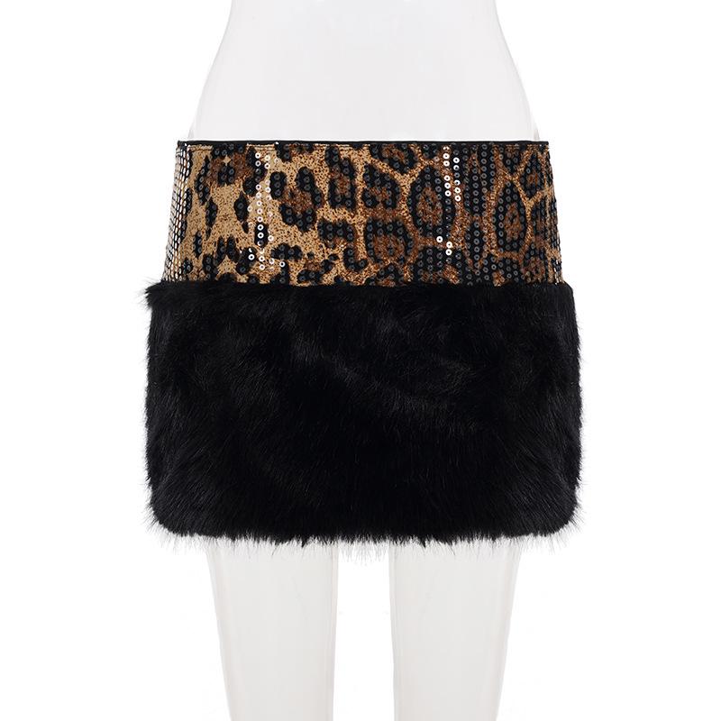 Minigonna Patchwork con Paillettes Stampa Leopardo - Gonna Corta Sexy Slim Fit da Donna, Collezione Autunnale