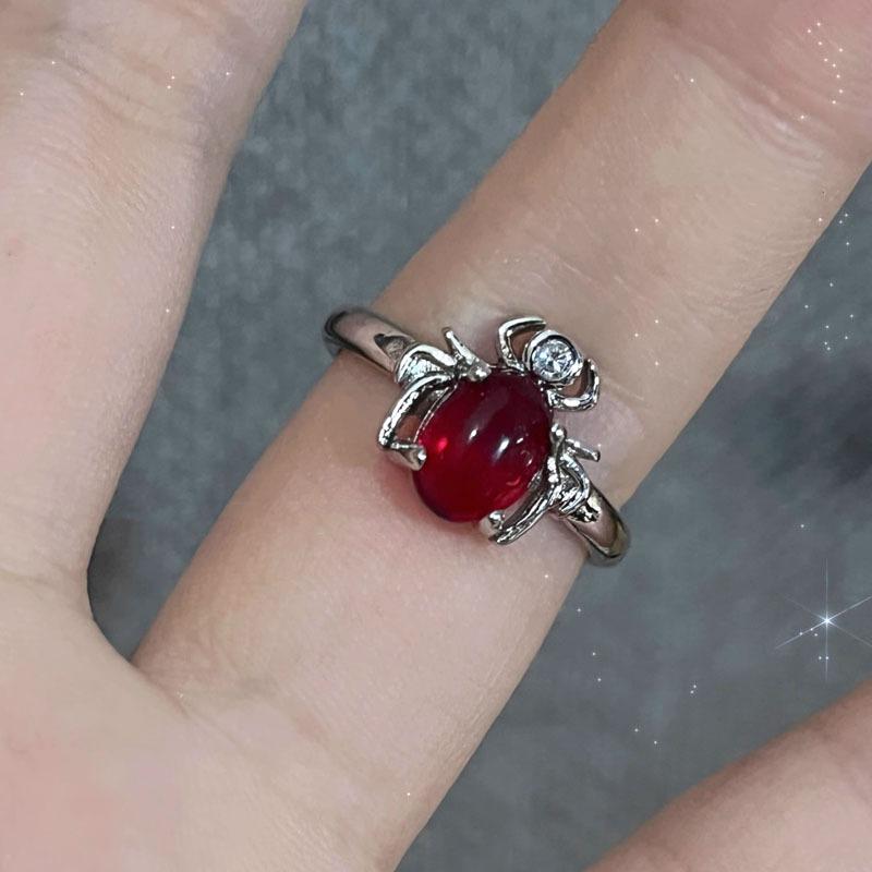 Vintage Irregular Red Crystal Glass Heart Ring Spider Animal Gothic Y2K Creative Jewelry for Women