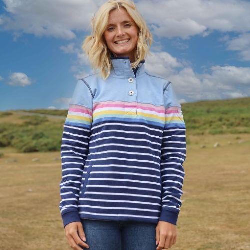 Lazy Jacks Womens/Ladies Striped Button Neck Sweatshirt