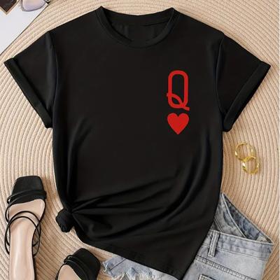Tricou cu imprimeu Q & Heart pentru femei la modă Tricou amuzant casual cu gâtul O cu mâneci scurte Tricou pentru femeie de vară