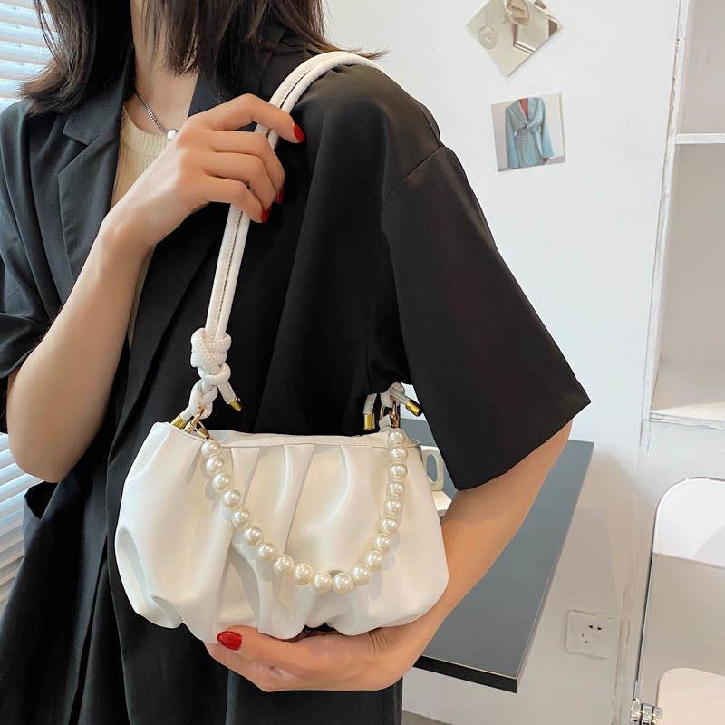 High-end Summer Niche Small Bag Women's 2025 New Trendy Texture Pearl Underarm Bag Pleated Cloud Messenger Bag