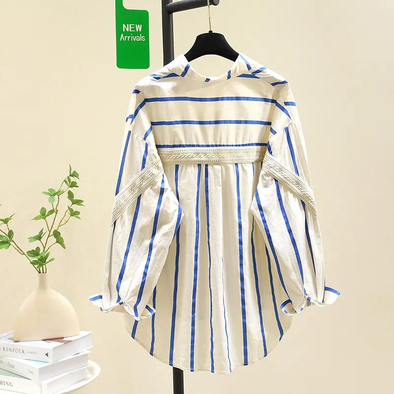 Women's Spring and Autumn Long Sleeved Medium Length Striped Shirt Casual Korean Loose Aging Shirt