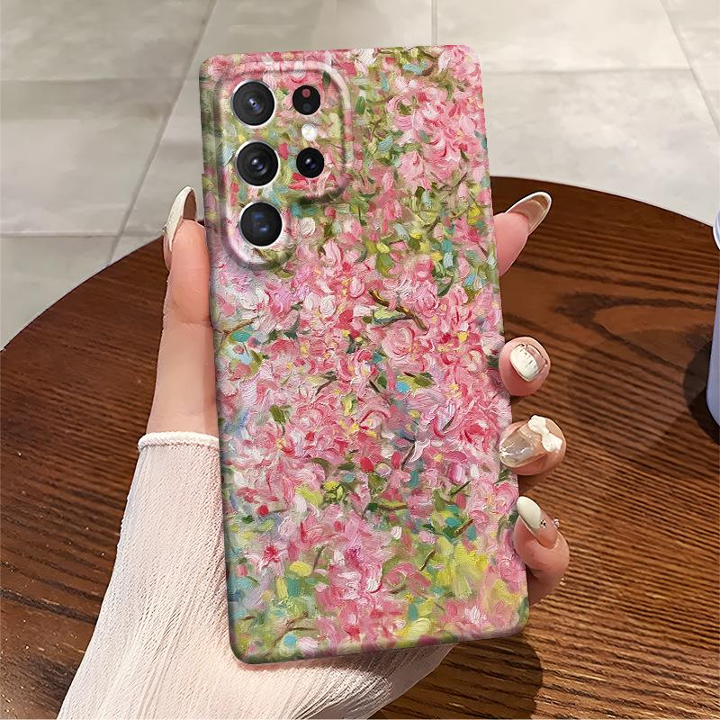 Oil Painting Wind Powder Flower Tree Samsung S24/S23Ultra Mobile Phone Case Thermal Transfer Five-sided Printing Galaxy S22 +