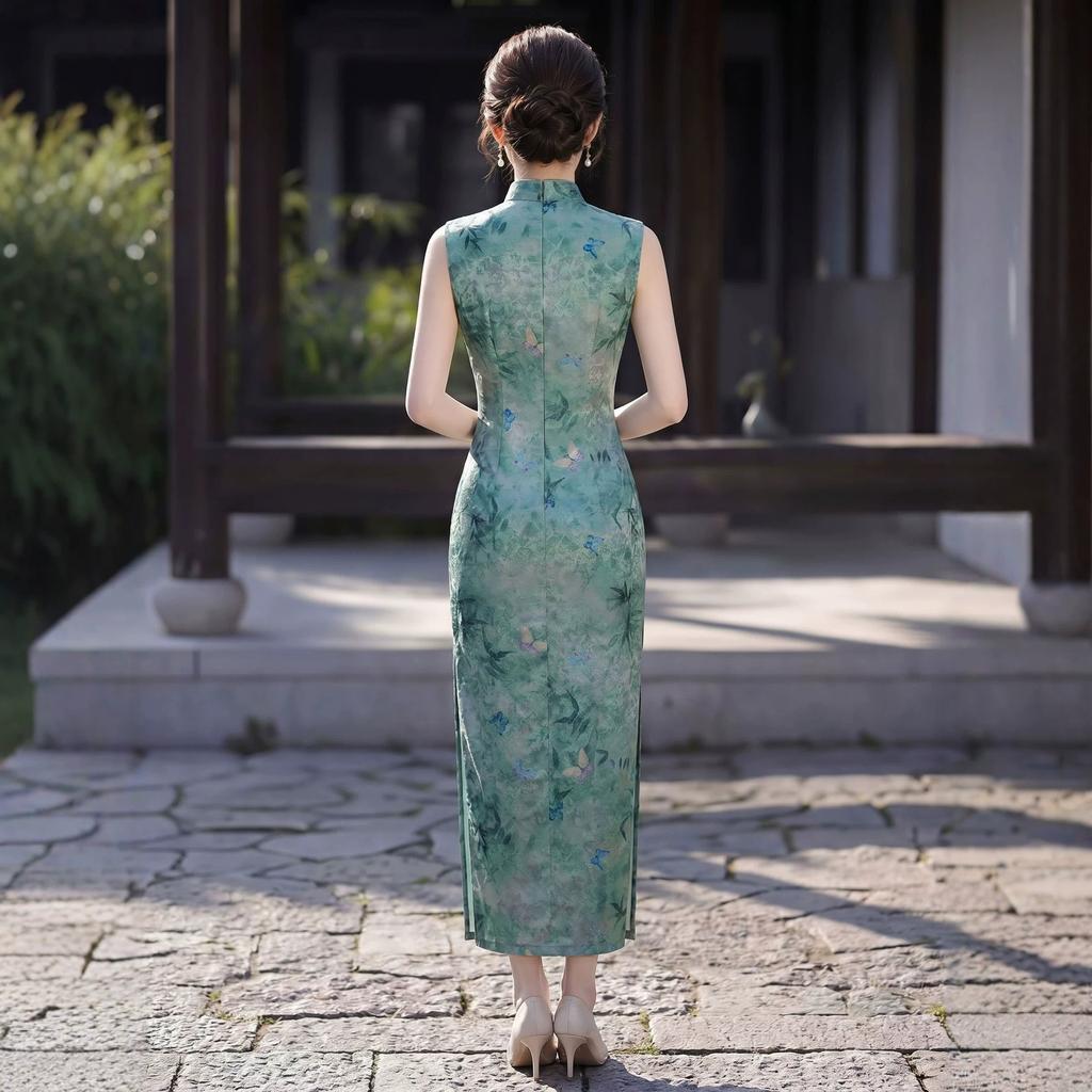 New Chinese antique sleeveless temperament improved cheongsam 1011 new jacquard thin high-end beautiful green dress