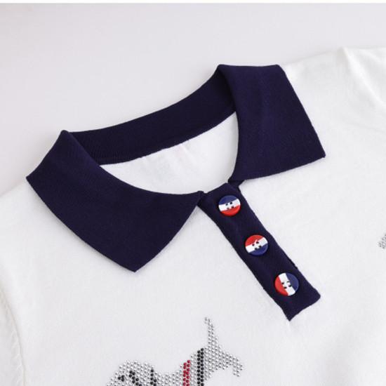 Summer Autumn Women Rhinestone Dog Contrast Color Knitted Sweater Polo Pullover Jumper Tops
