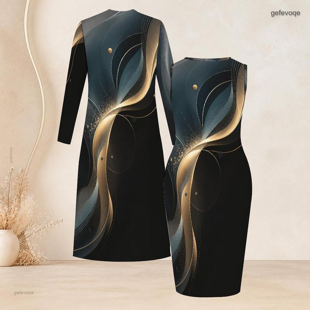Women Plus Size Printed Two Piece Set Long Sleeve Open Front Cardigan Sleeveless Bodycon Dress Black Pink