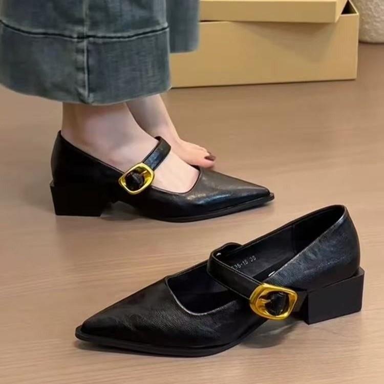 

Upgraded version~ Retro metal one-word buckle thick heel small single shoes women s shallow mouth pointed temperament versatile Mary Jane shoes 35