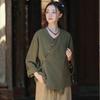Women Vintage Cotton Linen Long Sleeve Top V-Neck Frog Button Loose Zen Tea Wear Blouse Cardigan