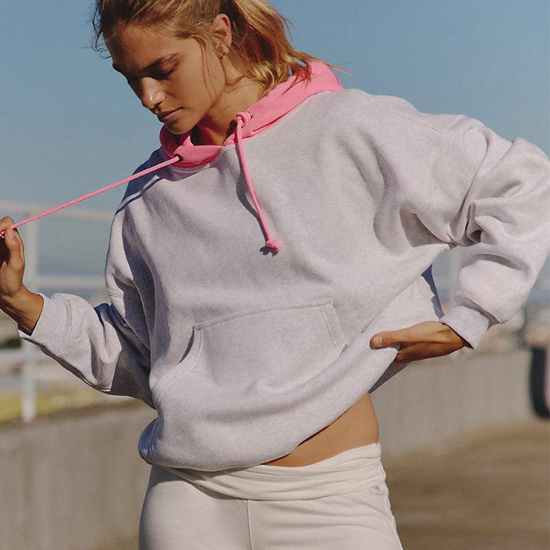 

Women Hoodies Sweatshirt 2025 Autumn New Contrasting Color Embroidery Splicing Hooded Pullover Tops XL розовый