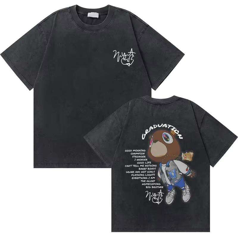 Washed Vintage Rapper Kanye West Graduation Bear Graphic T Shirt Men Pure Cotton Tshirt Mens Hip Hop Fashion Tshirt Ins