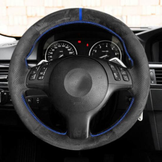 Black Suede Leather Blue Bar Steering Wheel Cover For BMW 5 Series E39 2000-2003