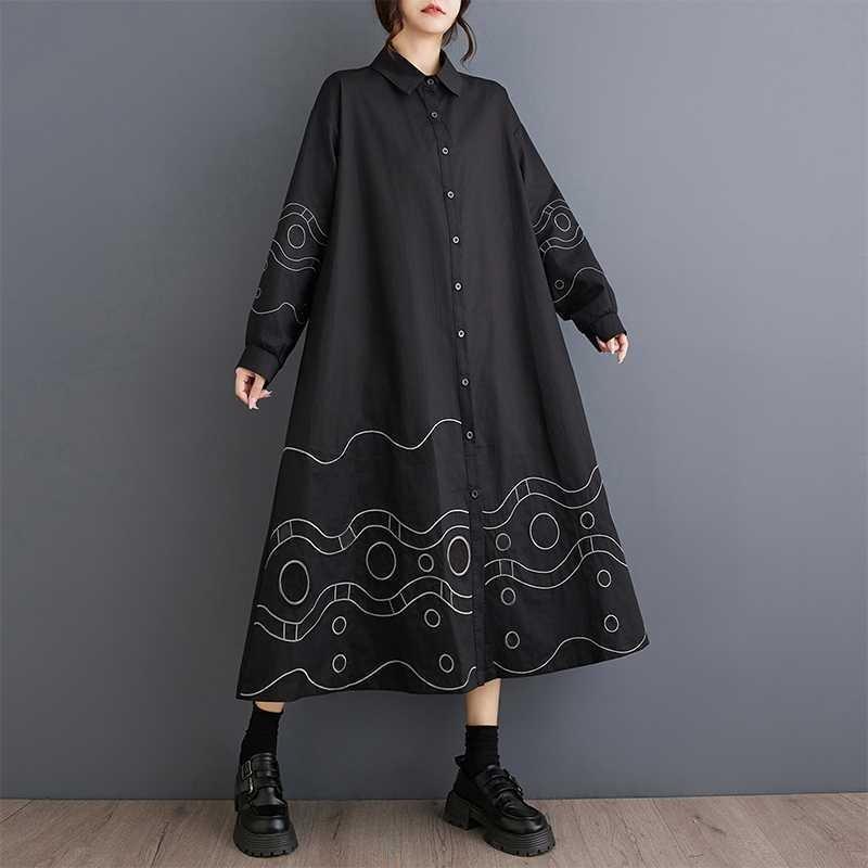 Lösa Plus Size Splicing Casual Enkla Broderier Söta Långärmade Klänningar