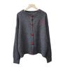 Embroidered crew neck gray knitted cardigan autumn and winter new loose lazy wind soft waxy sweater jacket women