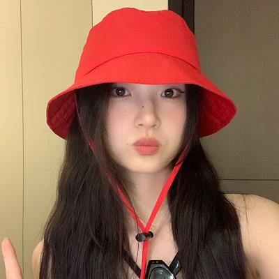 Red Fisherman Hat Women's Korean Version New Summer Casual Sunshade Versatile Face Showing Small Outdoor Sun Protection Hat Windproof Basin Hat