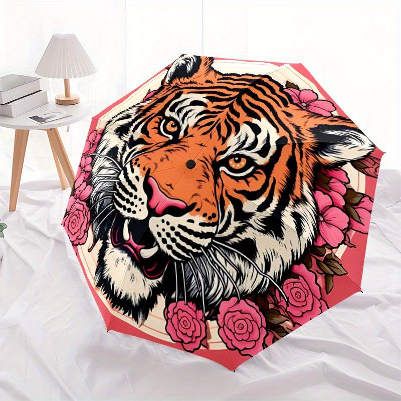 1pc Tiger Flowers Automatic Open/close Folding Compact Umbrella, 8-Rib Sturdy Canopy, Lightweight Portable, Everyday Use, Gift,049