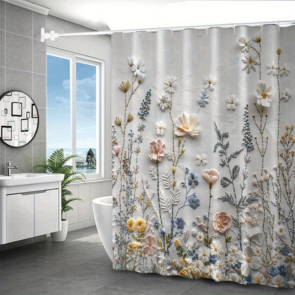 Floral Embroidery Shower Curtain White Daisies Pastel Flowers Modern Design Waterproof Fabric Elegant Bathroom Decor W60H190(CM)-1 Pcs