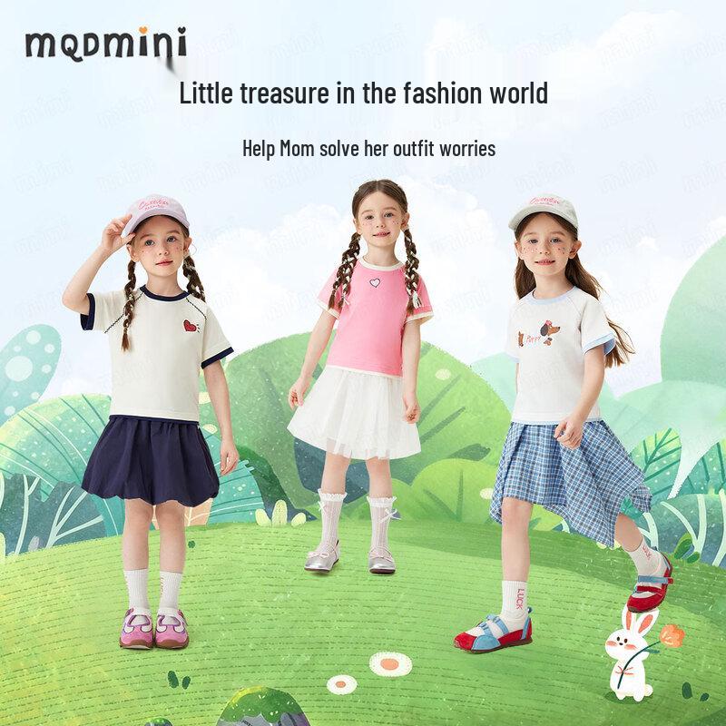 MQDMINI Girls' Antibacterial Short Sleeve T-shirt with Heart Dog Print