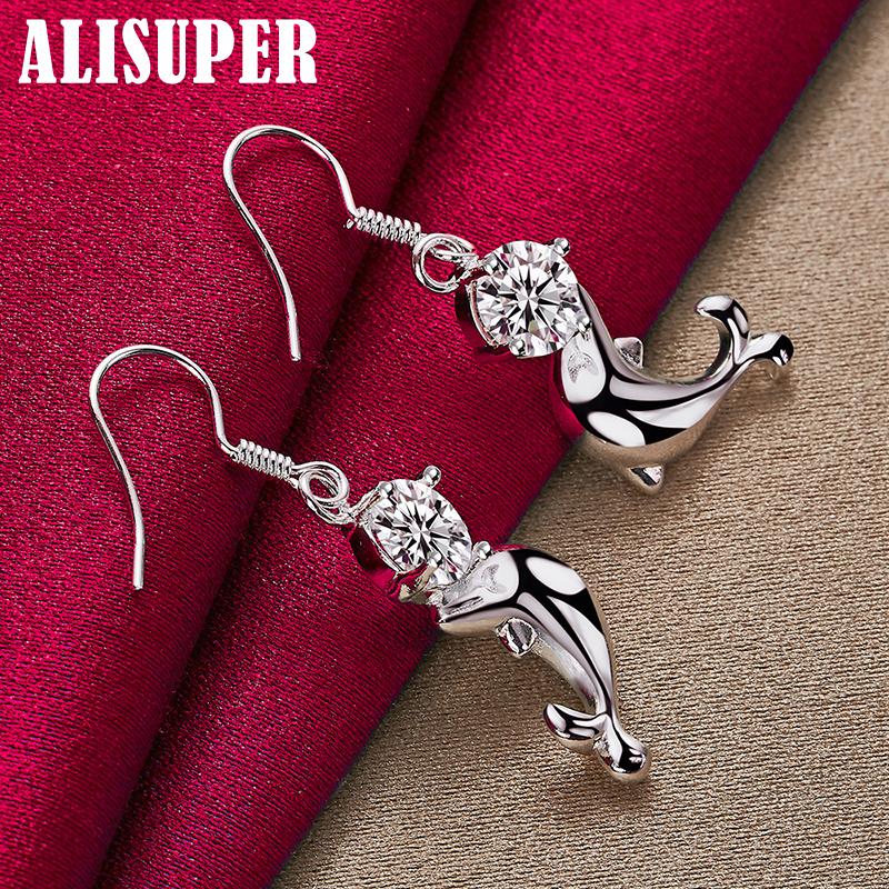 925 Sterling Silver Dolphin AAA Zircon Drop Earrings Jewelry