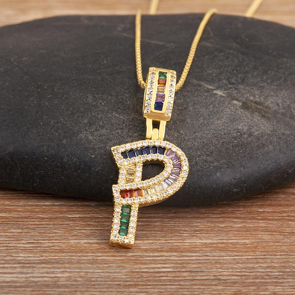 Nidin Simple Fashion 26 A-Z Letters Alphabet Rainbow Cubic Zirconia Pendant Necklace For Women Men Hip-Hop Style Copper Jewelry