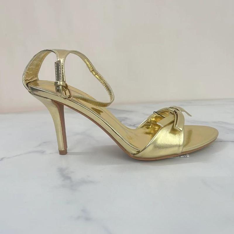 Fashion Luxury Gold Ankle Straps High Heeled Sandals for Woman Chic Bow Leather Summer Open Toe Brand Female Prom Evening Party Shoes