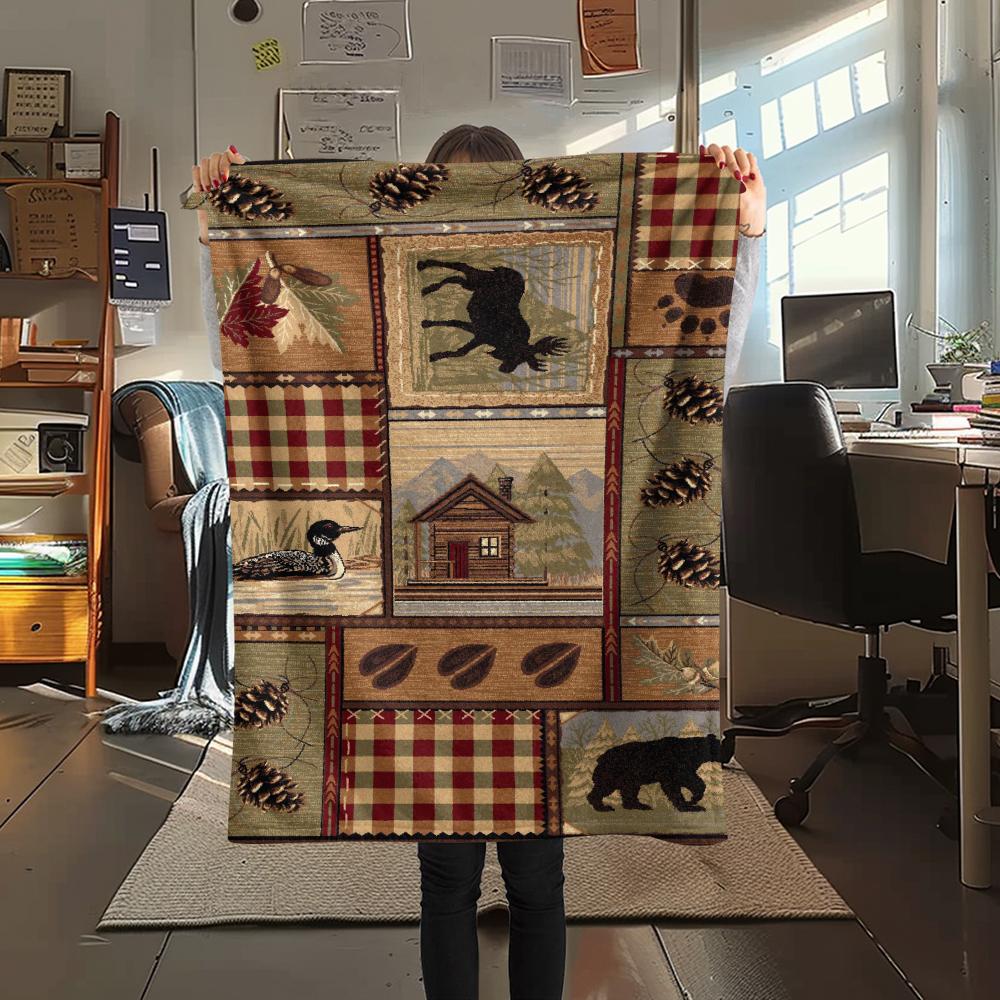 1Pc Cabin Wildlife Print Flannel Blanket, High Quality Comfortable for All Seasons, Home Decor, Warmth and Comfort, Perfect for Gifts