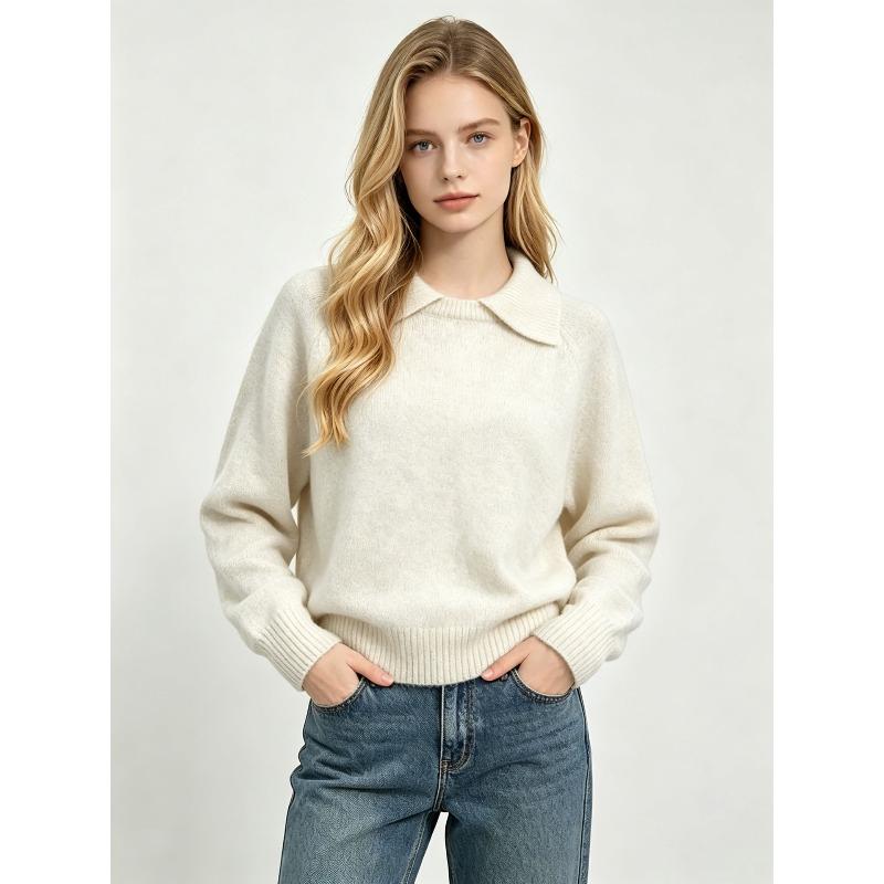 Autumn and winter lapel-neck knitted sweater women's loose shoulder-sleeved spliced lapel top