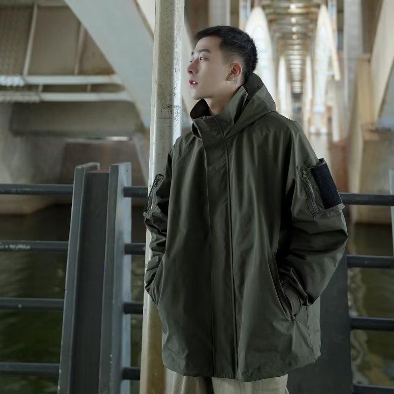 Men's Trendy Velcro Hooded Windbreaker: Casual Loose Fit Jacket for Spring & Autumn