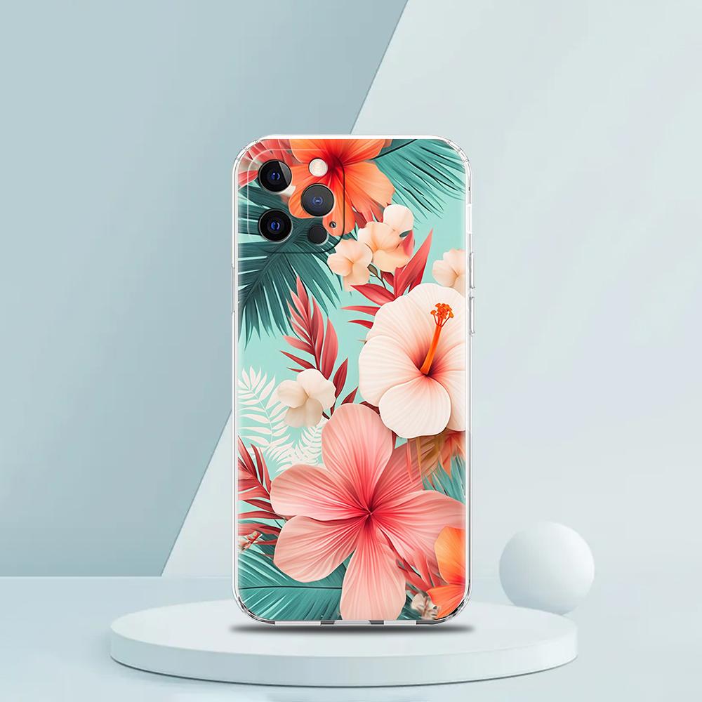 For iPhone 15 16 14 13 12 Mini 11 Pro Max XS X XR SE 7 8 Plus Silicone Clear Cover Beauty Flowers Leaves Luxury Phone Case