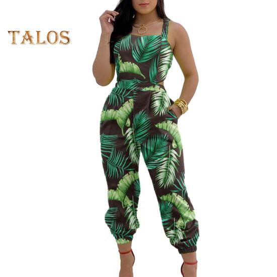 Women Jumpsuit Sleeveless Color Matching Printed Lace-up Bow Cross Back Pockets Ankle-banded Backless High Waist Lady Commute Party