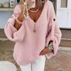 Women's V-Neck Knit Sweater with Button Cuffs In Pink, Blue, Gray, Black
