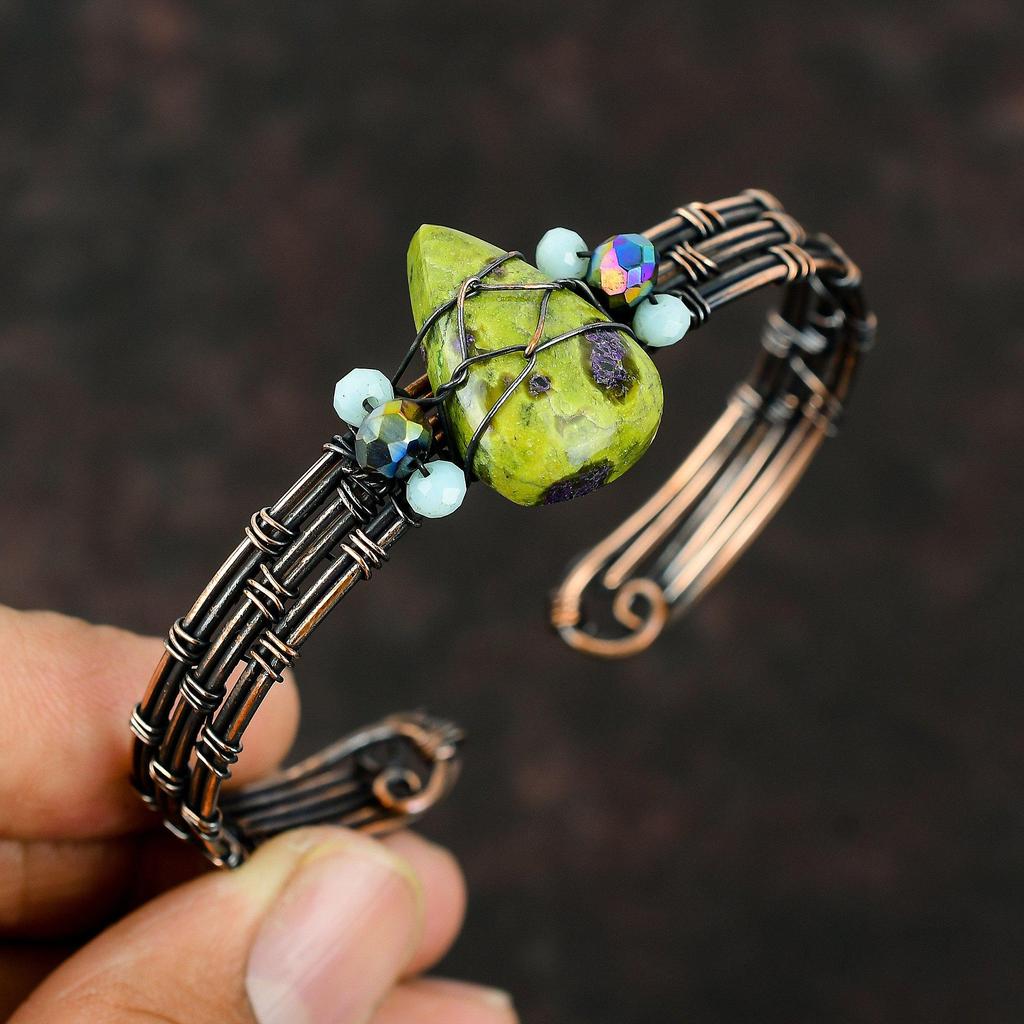 Stichtit Armreif Blauer Chalcedon & Titan Perlen Armband Kupferdraht umwickelt Schmuck Verstellbarer Armreif Edelstein Handarbeit Armreif Kupferschmuck