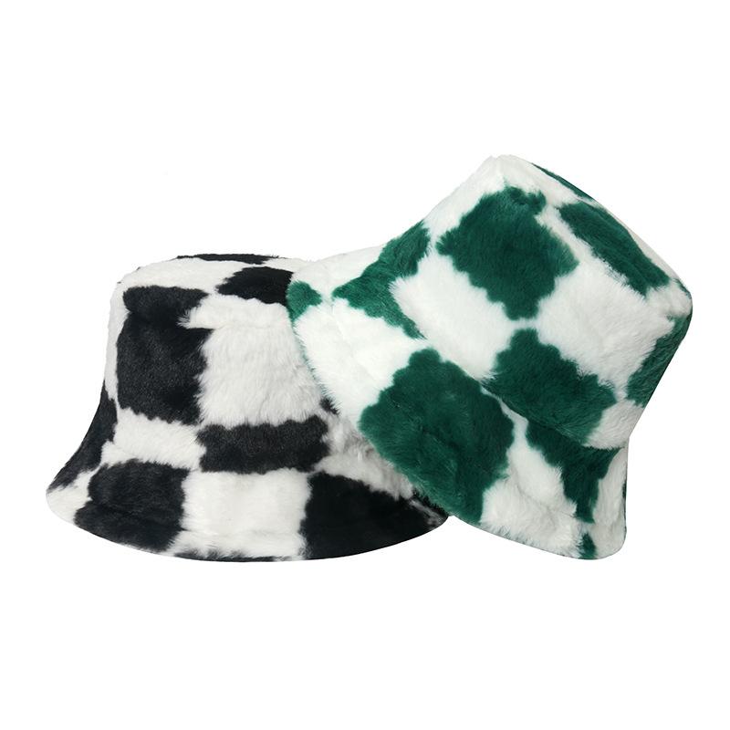 Women Lady Checkerboard Plush Wool Solid Thickened Soft Warm Fishing Vacation Beanie Faux Fluffy Furry Fur Winter Bucket Hat