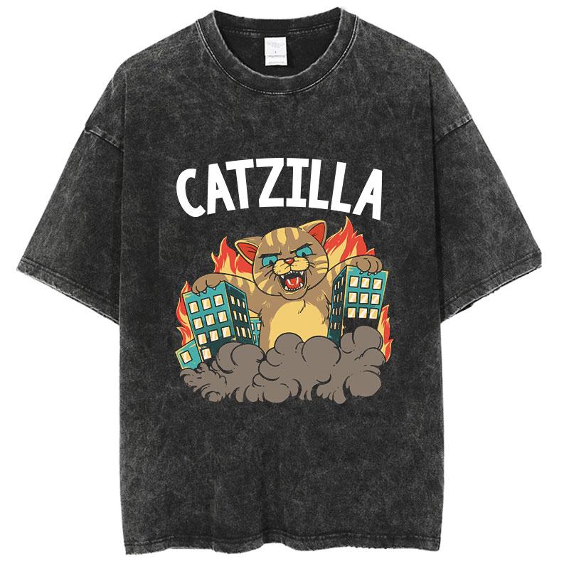 Summer America Other Old Washed Cross-border Large Size Loose T-shirt Catzilla Monster Cat Male and Female Students Tide