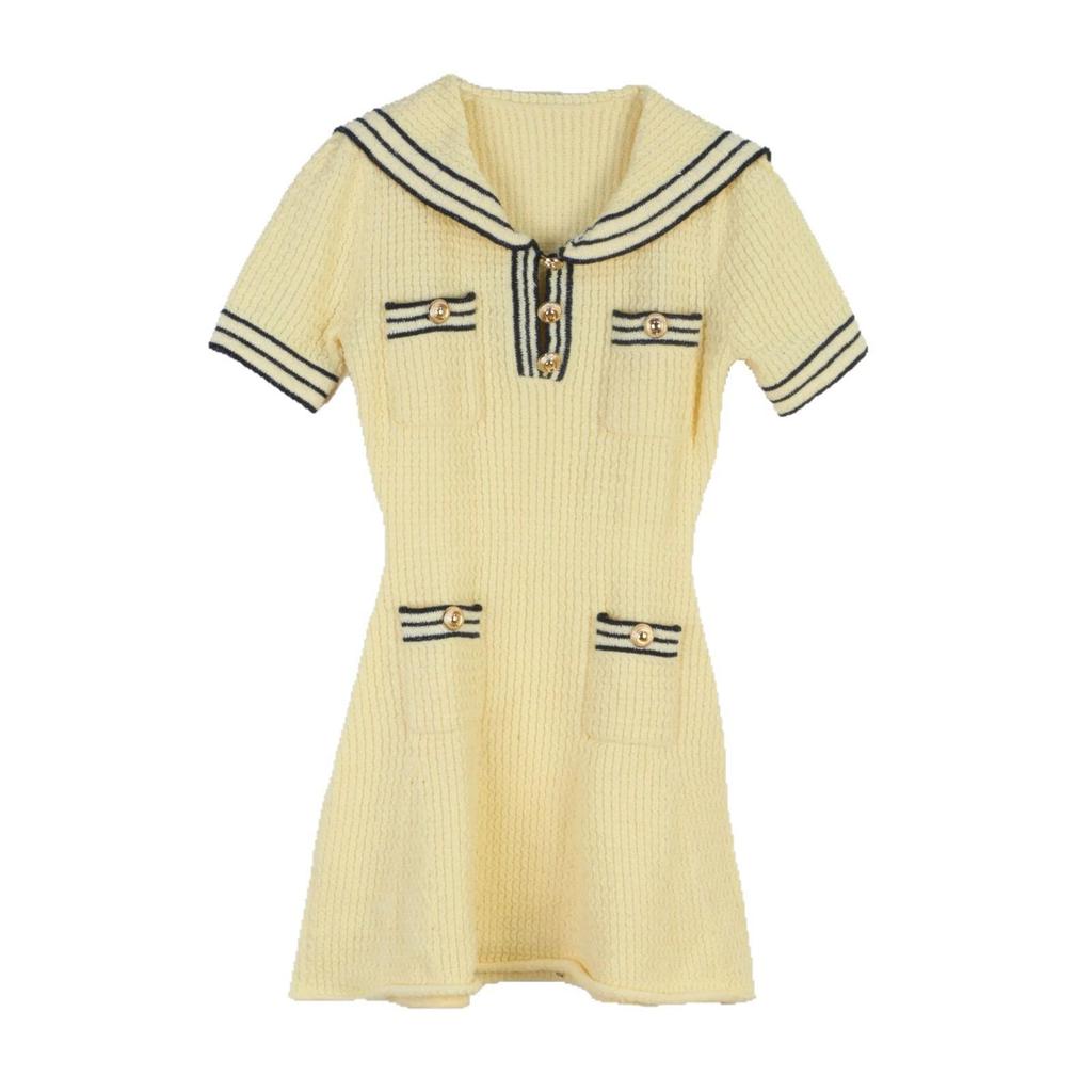 Navy Collar Color Block Striped Knitted Dress: French College Style Spring/Summer Women's Short Sleeve Waist-Hugging Short Skirt
