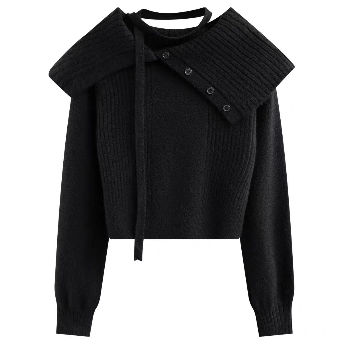 Сексуальный вязаный свитер с открытыми плечами для женщин с французскими лацканами элегантный теплый свитер топы осень-зима модный свободный пуловер в стиле пэчворк новый L чёрный 3287₽