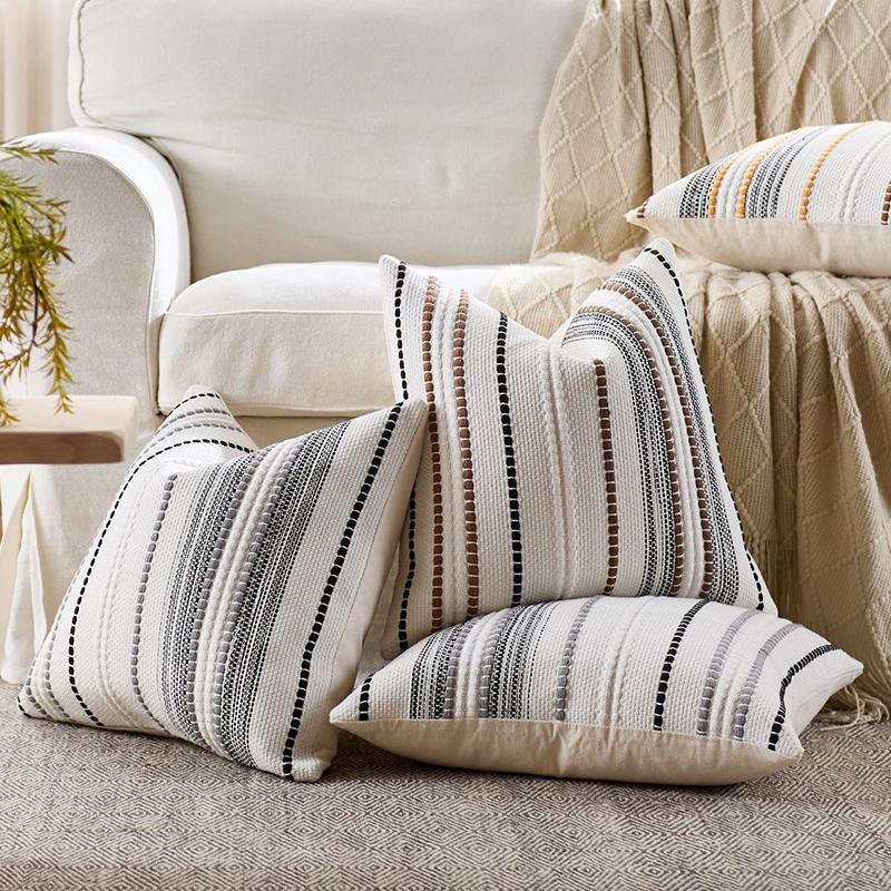 Boho Throw Pillow Covers Farmhouse Striped Square Cushion Cover Chenille Tufted Pillowcases for Home Living Room Couch Decor