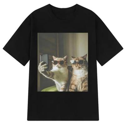 A 100% Pure Cotton, Fashionable Hip-hop Short-sleeved Top with Fun Meme Pattern Prints and Retro Cat Selfies for Men's Hot Sales