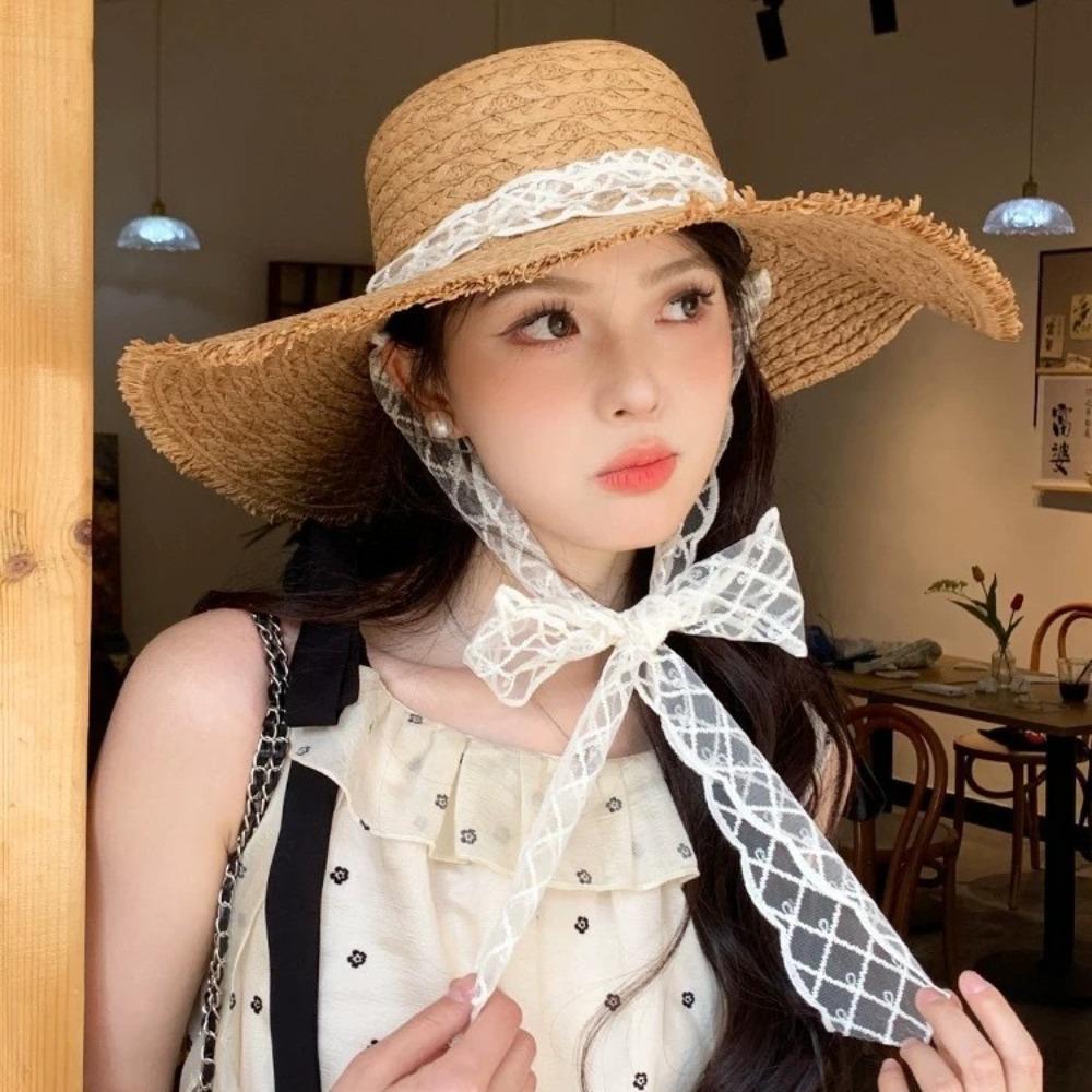 Lace lace-up woven straw hat women's summer outing big brim sun protection sun hat seaside UV protection beach hat