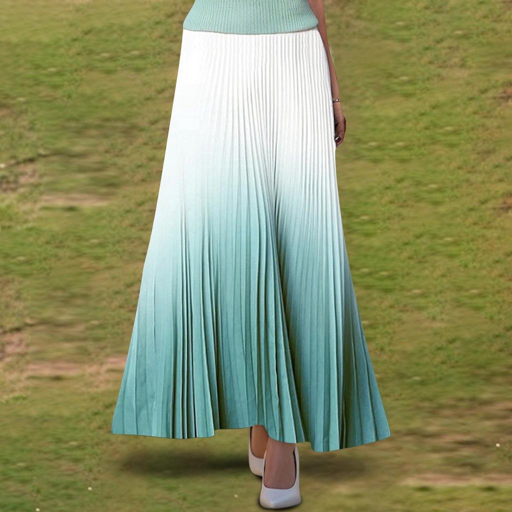 Women's  Casual Pleated Gradient Skirt, Pleated A-line Skirt, Large Swing Floor-length Skirt