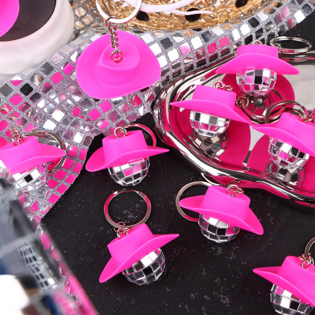 18Pcs Cowboy Hat Disco Ball Keychain Pink Hat Disco Ball Decorations Mini Disco