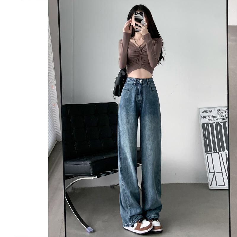 Damen Jeans mit hohem Bund und geradem Bein Lässige Weitbeinige Jeans Hose Casual Nicht-Stretch Lange Hose
