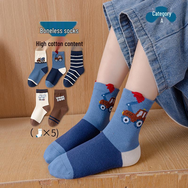 

2025 Kids Autumn/Winter Thick Combed Cotton Socks - 5 Pairs, Boneless, Anti-Pilling, Little Car Design M 3-5 Years (Foot 14-16cm)
