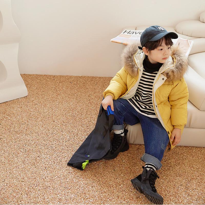 Velký kožešinový límec Dětská péřová bunda Chlapecký bavlněný kabát Dívčí polodlouhé silné zimní oblečení Bunda pro volný čas