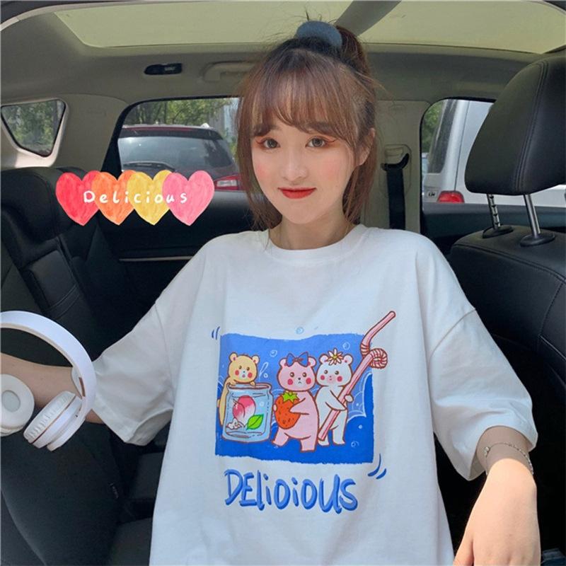 Summer New Small Fresh and Cute Cartoon Bear Print Loose Large Size Student Short-sleeved T-shirt Top Women